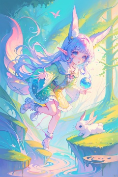 1 colorful fairy tale world, 2 forest, 3 fairy tale story, 4 elf girl, 5 magical atmosphere, 6 vibrant colors, 7 whimsical trees, 8 enchanting mushrooms, 9 sparkling streams, 10 floating butterflies, 11 glowing flowers, 12 ethereal lighting, 13 dreamy clouds, 14 fantastical creatures, 15 detailed foliage, 16 soft pastel tones, 17 cartoonish proportions, 18 playful squirrels, 19 curious deer, 20 animated birds, (fairy dust:1.4), (animated leaves:1.2), (storybook narrative:1.3), (childlike wonder:1.5), (enchanted pathway:1.1), (magic wand:1.2), (bubbles:1.3), (frolicking rabbits:1.4), (cute animals:1.5).