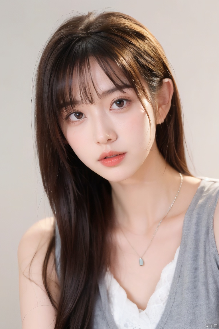  1girl,solo,long hair,necklace,white hair,hairband,looking at viewer,jewelry,realistic,upper body,lips,grey background,bangs,simple background,blonde hair,brown eyes,(closed mouth:1.1),red lips,