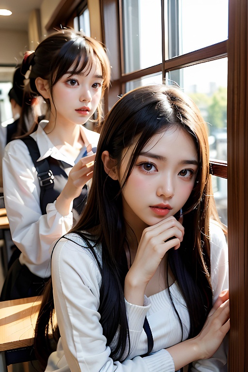 2 girls,  black hair,  鄰家女孩 on Tensor.Art