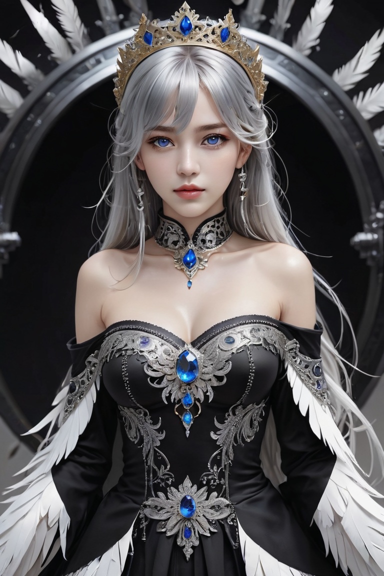 (((masterpiece))),best quality, illustration,(beautiful detailed girl), a girl ,solo,bare shoulders,flat_chst,diamond and glaring eyes,beautiful detailed cold face,very long blue and sliver hair,floaing black feathers,wavy hair,black and white sleeves,gold and sliver fringes,a (blackhole) behind the girl,a silver triple crown inlaid with obsidian,(sit) on the black ((throne)), (depth) of (field)