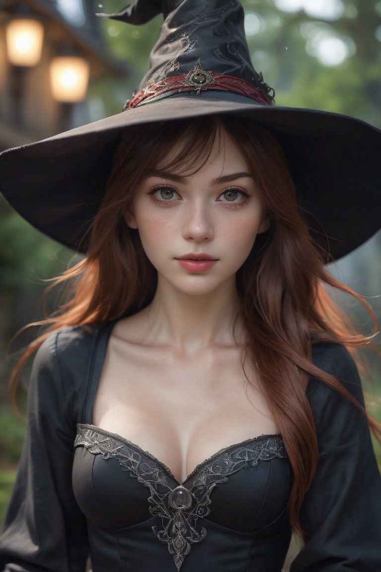 photorealistic, 35mm, intricate details, hdr, intricate details, hyperdetailed, natural skin texture, hyperrealism, sharp, 1 girl, ***** (elven:0.7) woman, freckles, grey eyes, chestnut layered hair, portrait, looking down, solo, half shot, detailed background, witch hat, witch, magical atmosphere, hair flowing in the wind, red trimmed light colored clothes, whirlwind of swirling magic spell in the air, dark magic, (style-swirlmagic:0.8), floating particles,