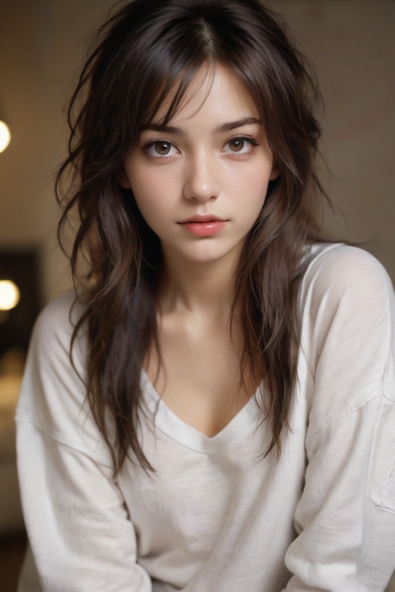 25 yo girl, brunette, close-up, girl next door, baggy clothes, night, interior, messy hair