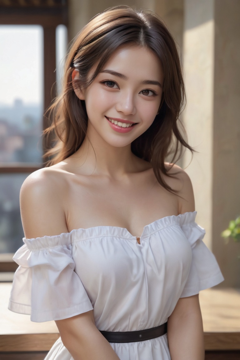 best quality, masterpiece, ultra high res, photorealistic, 1girl, offshoulder, smile