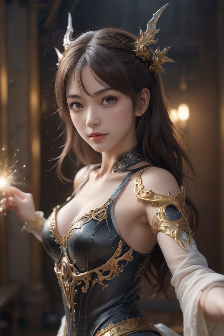 masterpiece, best quality, 1girl, magician, Mysterious expression, magical staff or wand, magical effects like sparkles or energy, flowing robes or enchanting attire, magical creatures or mystical background, rim lighting, side lighting, cinematic light, ultra high res, 8k uhd, film grain,best shadow, delicate, RAW, light particles, detailed skin texture, detailed cloth texture, beautiful detailed face, intricate details, ultra detailed, mecha musume, mechanical arms, headgear, bodysuit