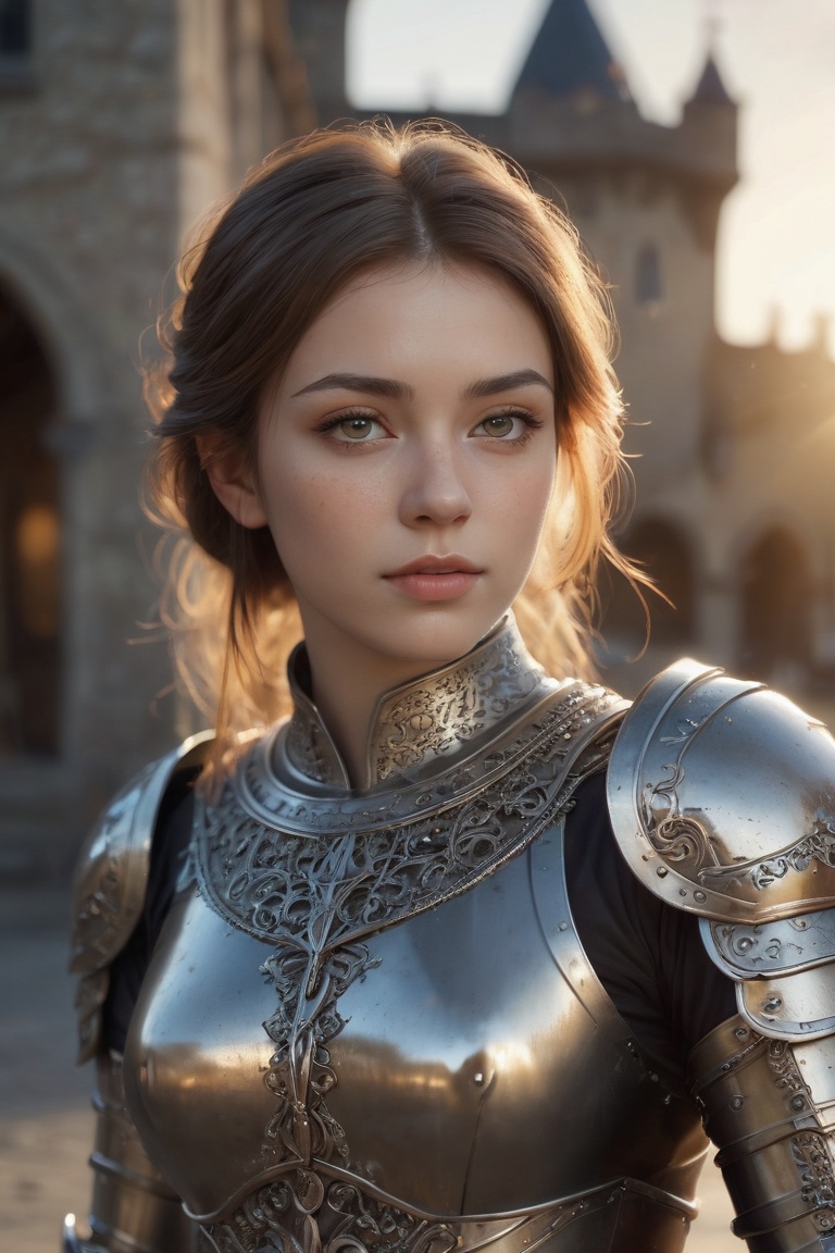 (masterpiece), (extremely intricate:1.3), (realistic), portrait of a girl, the most beautiful in the world, (medieval armor), metal reflections, upper body, outdoors, intense sunlight, far away castle, professional photograph of a stunning woman detailed, sharp focus, dramatic, award winning, cinematic lighting, octane render  unreal engine,  volumetrics dtx, (film grain, blurry background, blurry foreground, bokeh, depth of field, sunset, motion blur:1.3), chainmail