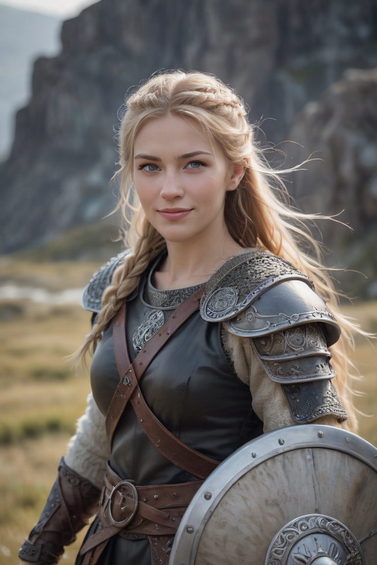 a portrait of a fierce Viking shieldmaiden, embodying bravery and resilience in a rugged landscape, AnjelikaV2, light smile, heavy armor