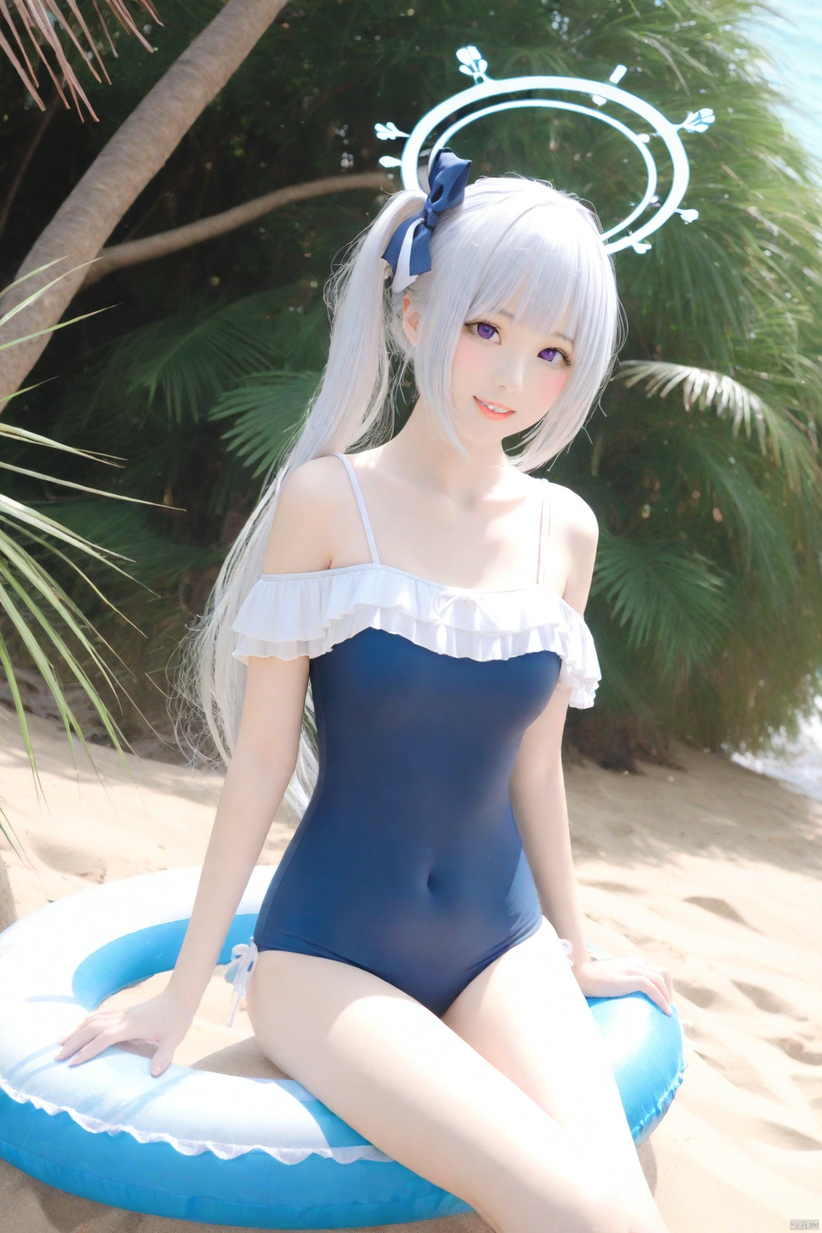  masterpiece, best quality, 
1girl, solo, (halo), bangs, long hair, sidelocks, hair flowing,  purple eyes, collarbone, swimsuit, ponytail, white hair, frills, off shoulder, one-piece swimsuit, (covered navel), alternate hairstyle, sandals, school swimsuit, innertube, blue one-piece swimsuit, frilled swimsuit, miyakoSwimsuit, ocean,beach, tree, beach_umbrella,water,sand,sunlight, parted_lips, smile, blush, looking_at_viewer, sitting, loli, cowboy_shot,
  best quality, amazing quality,  fine fabric emphasis, very aesthetic, absurdres, best quality, amazing quality, very aesthetic, absurdres, Highly detailed, best quality, masterpiece, Highly detailed, miyakoBA