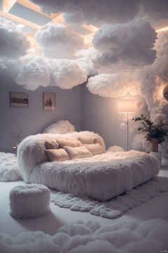 A beautifully designed bedroom with a fluffy sofa, floor cloud lamp and cabinets. The semi-transparent curtain allows dramatic light to spill into the room, and the bright light on the carpet highlights the integration of space and nature. Sharp focus, high quality, high resolution, photorealistic, intimate, comfortable, elegant, modern, stylish interior design, natural lighting, harmony, relaxation, warmth, homely atmosphere, artistic conception, cloud lamp, fluffy furniture, minimalist style, trendy decoration, unique layout, spacious, bright, cozy, inviting, top-notch interior design by the best interior designers in the world, 8k

