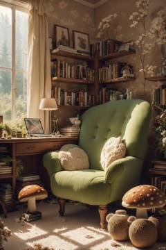 A library with a computer chair surrounded by a variety of huge mushrooms, a bookcase against the wall, bright light coming through the floor-to-ceiling windows, curtains half-drawn, floral wallpaper covering the walls. Dramatic lighting on the carpet, the entire space blending with nature, creating a mysterious and cozy atmosphere. High-quality photo, sharp focus, detailed, dramatic lighting, natural fusion, trending on ArtStation, trending on CGSociety, intricate, high detail, photorealistic painting art by midjourney and greg rutkowski.