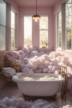 A high-quality image of a bathroom design with a bathtub enveloped in pink smoke, surrounded by a bright lamp. The sofa is made from various shapes and sizes of cheese, accompanied by large cheese blocks. The room is illuminated by soft light coming through the window.