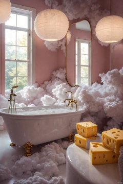 A high-quality image of a bathroom design with a bathtub enveloped in pink smoke, surrounded by a bright lamp. The sofa is made from various shapes and sizes of cheese, accompanied by large cheese blocks. The room is illuminated by soft light coming through the window.