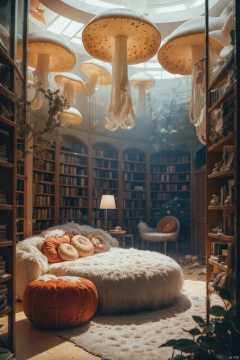 A library with a computer chair surrounded by a variety of huge mushrooms, a bookcase against the wall, bright light coming through the floor-to-ceiling windows, curtains half-drawn, floral wallpaper covering the walls. Dramatic lighting on the carpet, the entire space blending with nature, creating a mysterious and cozy atmosphere. High-quality photo, sharp focus, detailed, dramatic lighting, natural fusion, trending on ArtStation, trending on CGSociety, intricate, high detail, photorealistic painting art by midjourney and greg rutkowski.