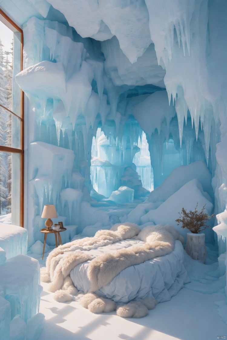A room encased in ice, with bed surrounded by glacial blocks, from roof to floor everything is laced with frost. The walls and table are frozen over, and the snowy landscape is visible beyond the window, dramatically lit by theatrical lighting that blends bright illumination harmoniously with nature's icy touch.
Consider an ultra-high-definition photo showcasing a wintry wonderland inside a frosted cabin, where each icy formation is sharply detailed, and the interplay of light and shadow adds depth and drama to the scene. Picture an ethereal high-resolution art piece capturing the essence of serene isolation, with a hint of surreal beauty, as if taken straight from a fairy tale illustrated by the most skilled artists, trending on ArtStation, and rendered with precision by state-of-the-art stable diffusion models.