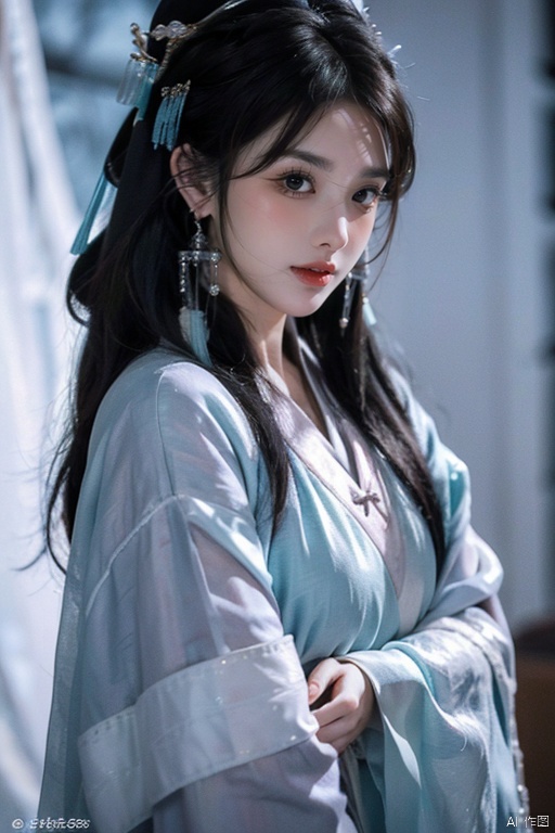 1girl, solo, jewelry, earrings, black hair, long hair, upper body, hair ornament, lips, chinese clothes, blue eyes