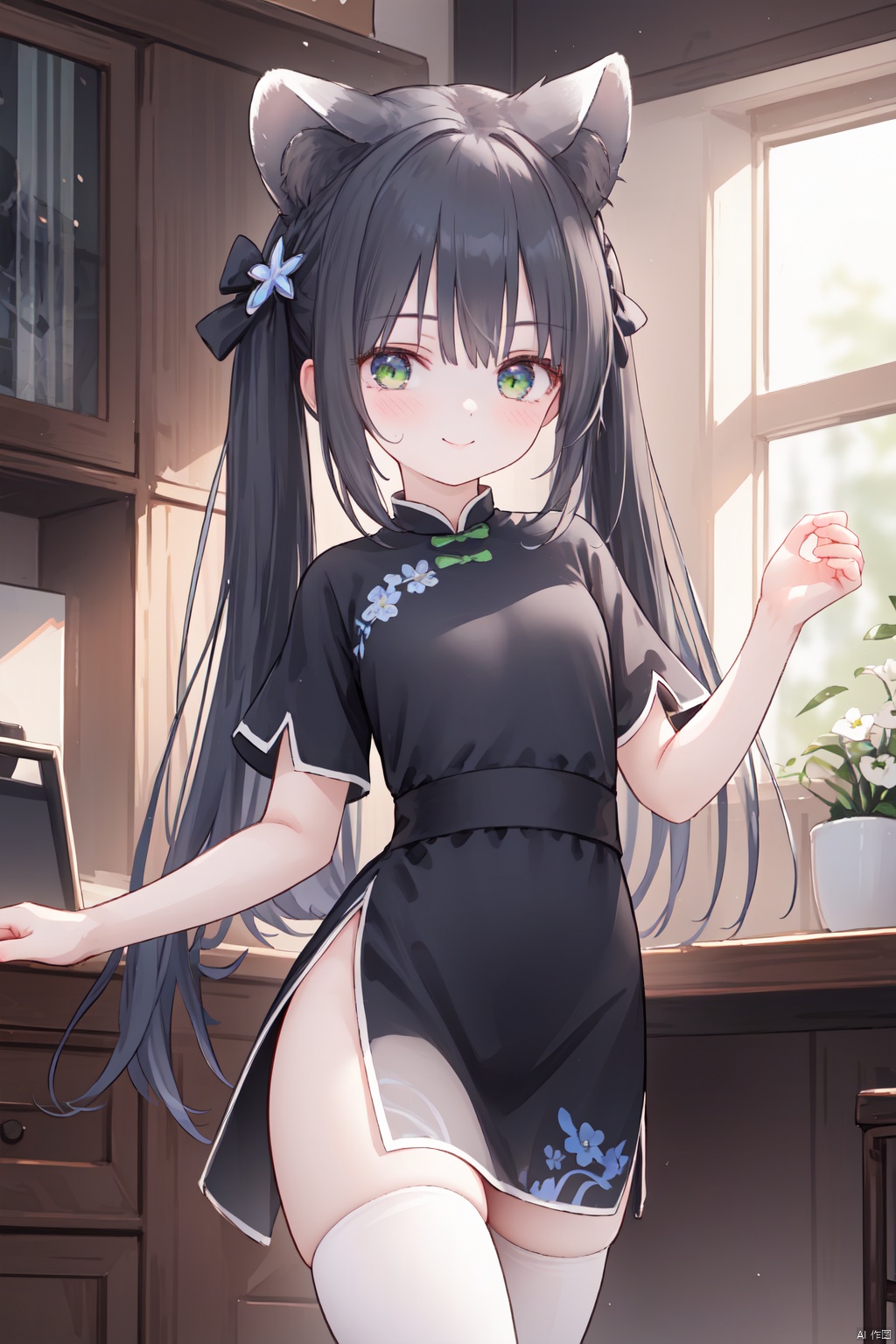  1girl,(masterpiece:1.3),( beautiful:1.2),(high quality:1.2),(finely detailed:1.2),extremely detailed CG unity 8k wallpaper,best quality,a very delicate and beautiful,perfect fingers,(one cute girl at the center:1.2), 1girl, solo, breasts, looking at viewer,blush,smile,
long hair, blush, smile, bangs, black hair, thighhighs,  dress, animal ears, twintails, green eyes,  short sleeves, black dress, white thighhighs, animal ear fluff, chinese clothes, china dress, tiger ears, tiger girl, shun \(blue archive\), shun,cowboy_shot
