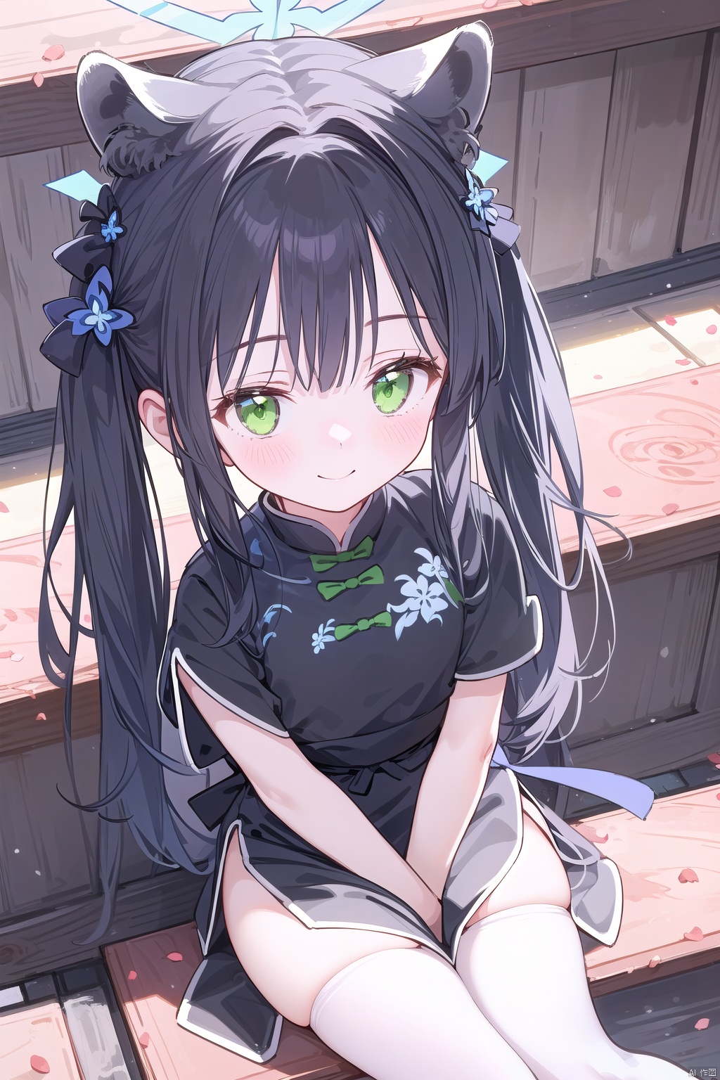  1girl,solo,(masterpiece:1.3),( beautiful:1.2),(high quality:1.2),(finely detailed:1.2),extremely detailed CG unity 8k wallpaper,best quality,a very delicate and beautiful,perfect fingers,(one cute girl at the center:1.2),
 long hair, blush, smile, bangs, black hair, dress, animal ears, twintails, green eyes, short sleeves, black footwear, black dress, white thighhighs, animal ear fluff, chinese clothes, china dress, tiger ears, tiger girl, shun \(blue archive\),shun,halo,sitting,from_above,face focus,