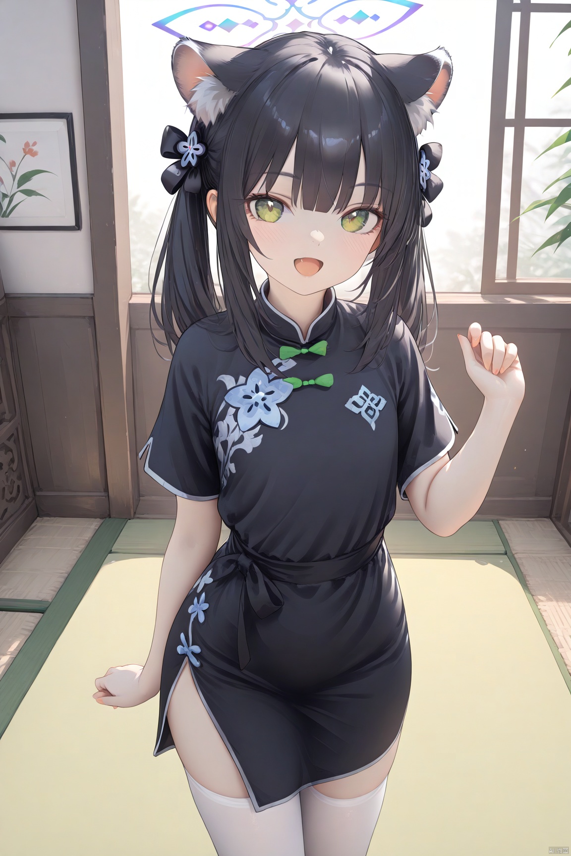  1girl,(masterpiece:1.3),( beautiful:1.2),(high quality:1.2),(finely detailed:1.2),extremely detailed CG unity 8k wallpaper,best quality,a very delicate and beautiful,perfect fingers,(one cute girl at the center:1.2),

 shun,
 long hair, looking at viewer, blush, smile, open mouth, bangs,(( black hair)), dress, animal ears, twintails, green eyes, short sleeves, :d, hand up, blunt bangs, black dress, animal ear fluff, halo, chinese clothes, china dress, arm behind back, tiger ears, tiger girl, shun \(blue archive\),white thighhigh,hands_behind_back, indoors, tatami,