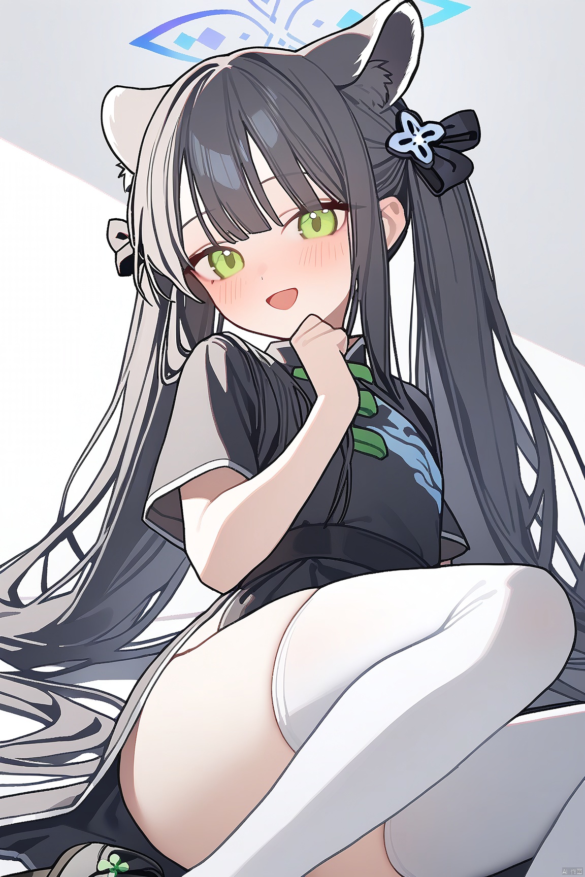  1girl,(masterpiece:1.3),( beautiful:1.2),(high quality:1.2),(finely detailed:1.2),extremely detailed CG unity 8k wallpaper,best quality,a very delicate and beautiful,perfect fingers,(one cute girl at the center:1.2),ningen mame,
 long hair, blush, smile, bangs, black hair, thighhighs, white background, dress, animal ears, twintails, green eyes, full body, short sleeves, black footwear, black dress, white thighhighs, animal ear fluff, chinese clothes, china dress, tiger ears, tiger girl, shun \(blue archive\),shun, open_mouth, smile,shun
