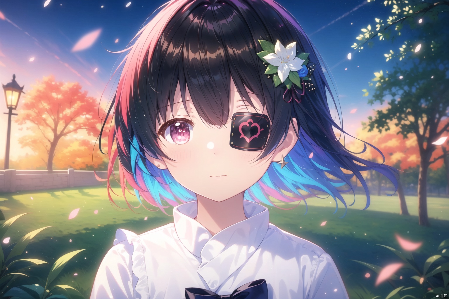  (masterpiece), (best quality), illustration, ultra detailed, hdr, Depth of field, (colorful),[miwano rag],[wlop],[[wakaba]],[haneru],deyui, 1girl, eyepatch, virtual youtuber, looking at viewer, solo, :}