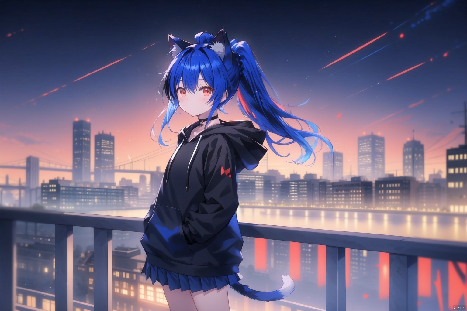 1girl, solo, long hair, looking at viewer, blush, bangs, skirt, black hair, hair ornament, red eyes, long sleeves, animal ears, closed mouth, blue hair, standing, tail, ponytail, ahoge, multicolored hair, pleated skirt, outdoors, sky, choker, cat ears, hood, miniskirt, black skirt, two-tone hair, cat tail, animal ear fluff, hoodie, night, eyepatch, hood down, cat girl, building, city, hands in pockets, railing, drawstring, cityscape, black hoodie