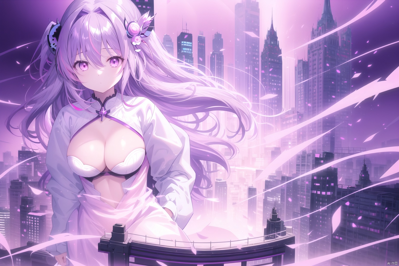 1girl, solo, long hair, breasts, looking at viewer, bangs, hair ornament, long sleeves, cleavage, hair between eyes, medium breasts, closed mouth, purple eyes, upper body, purple hair, white hair, pink eyes, clothing cutout, one side up, expressionless, hair intakes, cleavage cutout, cityscape