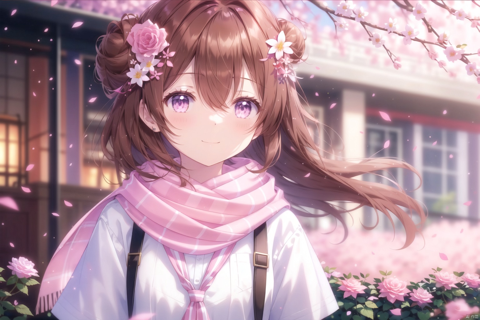 1girl, solo, long hair, looking at viewer, blush, smile, bangs, brown hair, shirt, hair ornament, hair between eyes, very long hair, closed mouth, purple eyes, white shirt, upper body, flower, short sleeves, striped, hair flower, hair bun, scarf, blurry, depth of field, blurry background, rose, eyepatch, single hair bun, pink flower