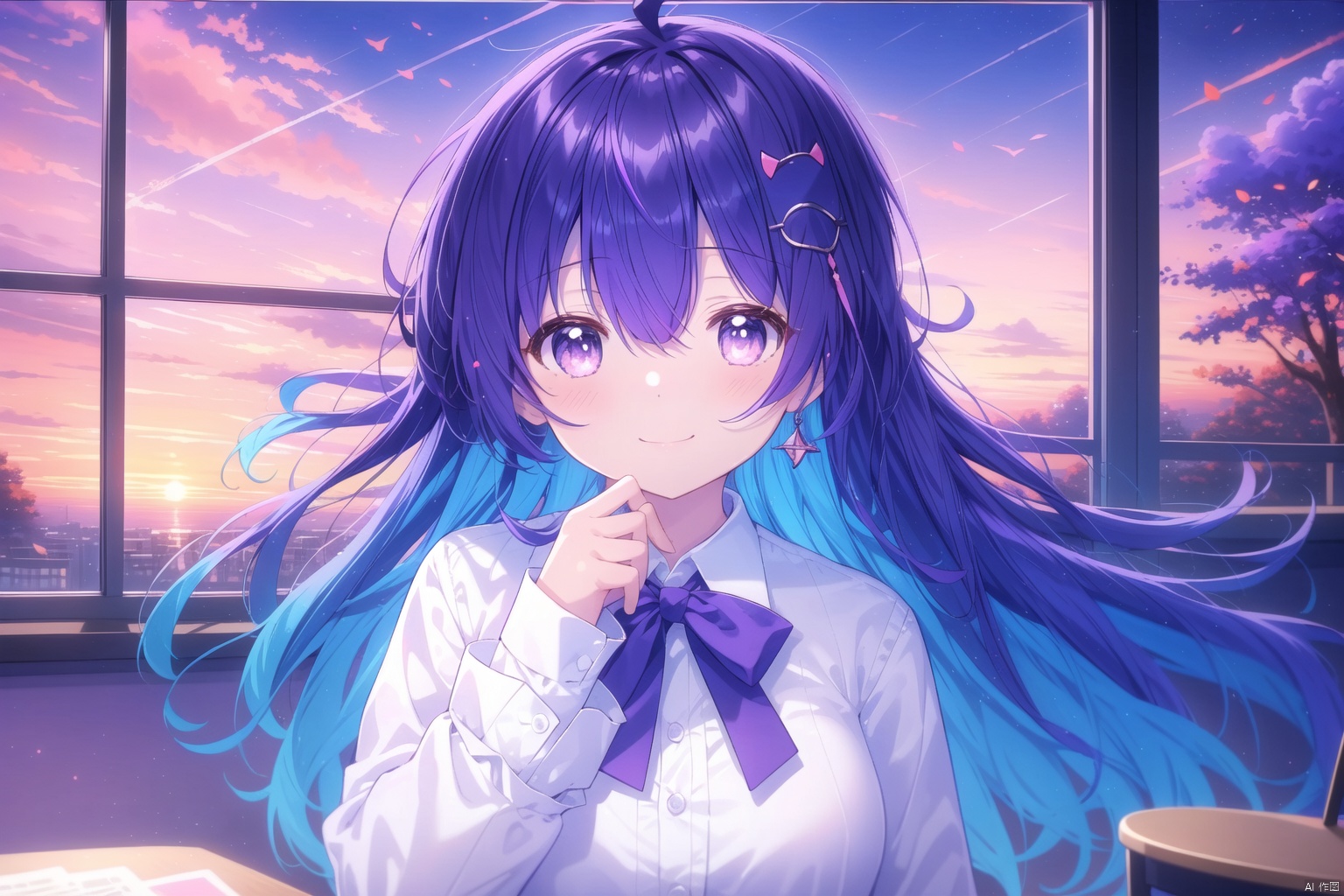 1girl, solo, long hair, breasts, looking at viewer, blush, smile, bangs, shirt, long sleeves, ribbon, hair between eyes, closed mouth, blue hair, purple eyes, white shirt, upper body, purple hair, ahoge, sky, collared shirt, cloud, indoors, sleeves past wrists, window, dress shirt, desk, sunset (masterpiece), (best quality), illustration, ultra detailed, hdr, Depth of field, (colorful),[miwano rag],[wlop],[[wakaba]],[haneru],deyui, 1girl, eyepatch, virtual youtuber, looking at viewer, solo, :}
