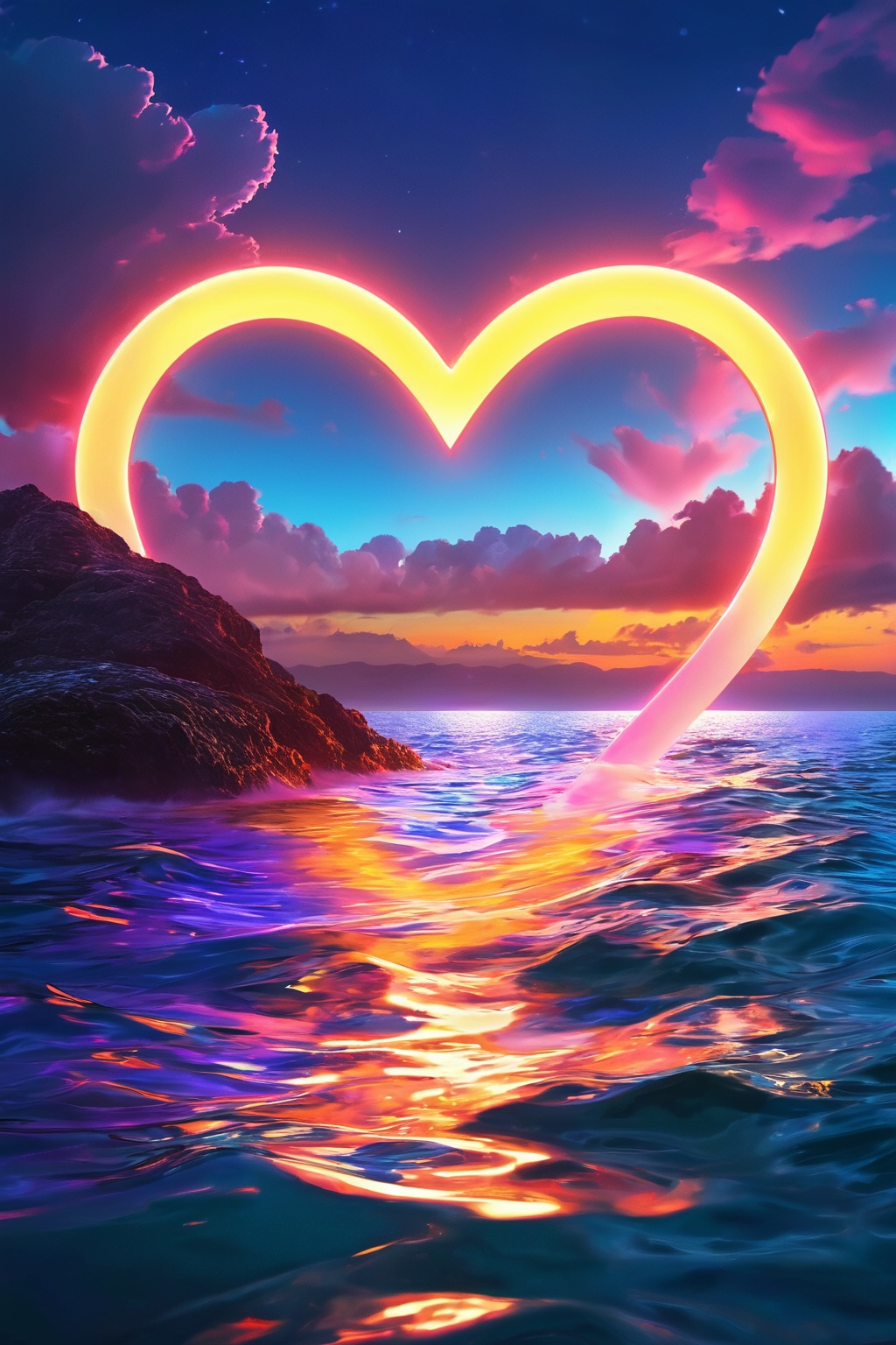 Neon colored glowing word "I love you" floating above ocean surface,  clouds,  neon lighting on Tensor.Art