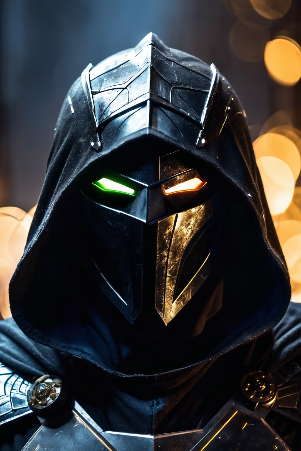 A dark ghostly male silhouette. Messenger of Gaa. Cracked skin. light armor. Cracked armor. Canvas hood. Runic circle. Ele...