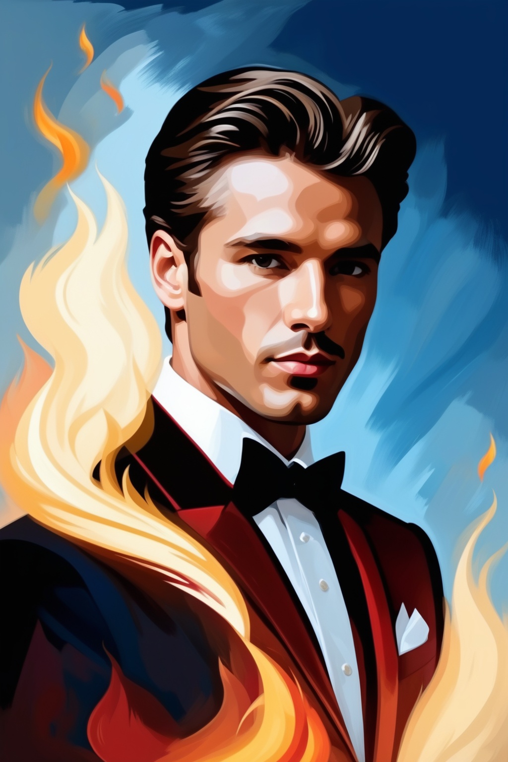 A person in a suit with a head half made of flame,  vector art illustration,  surrealism inspired on Tensor.Art