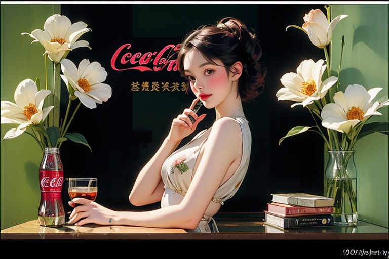 vintage art poster,  a woman show a bottle of glass,  bottle are soda cola on Tensor.Art