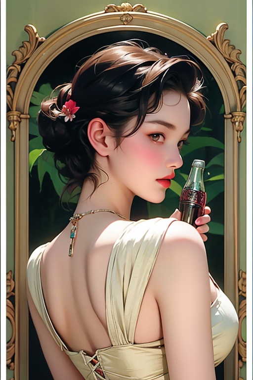 vintage art poster,  a woman show a bottle of glass,  bottle are soda cola on Tensor.Art