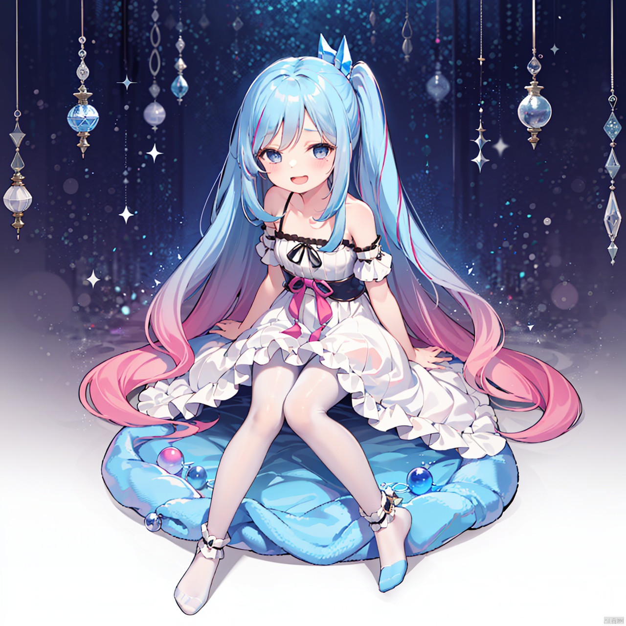  masterpiece, bestquality, Witchcrafter Madame Verre, 1girl, solo, long hair, looking at viewer, blush, smile, open mouth, blue eyes, dress, bare shoulders, very long hair, blue hair, full body, pink hair, pantyhose, multicolored hair, gradient hair, white pantyhose,