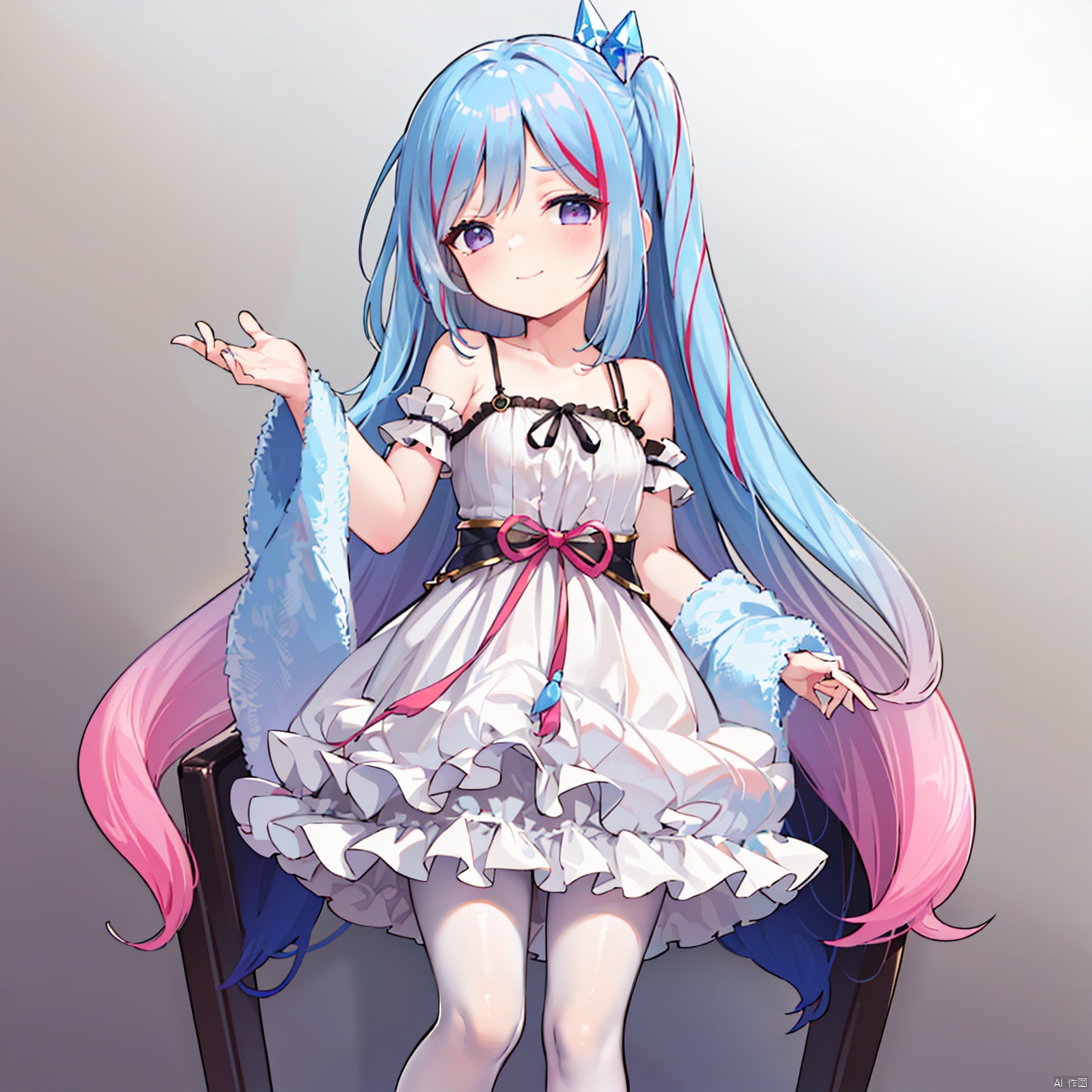  masterpiece, bestquality, Witchcrafter Madame Verre, 1girl, solo, long hair, looking at viewer, blush, smile, bangs, hair ornament, dress, bare shoulders, very long hair, closed mouth, blue hair, standing, purple eyes, collarbone, pink hair, pantyhose, red hair, multicolored hair, boots, sleeveless, hand up, off shoulder, white dress, two-tone hair, streaked hair, gradient, parted bangs, fur trim, gradient background, sleeveless dress, feet out of frame, one side up, frilled dress, strap slip, white pantyhose, off-shoulder dress, smug, fur-trimmed boots,