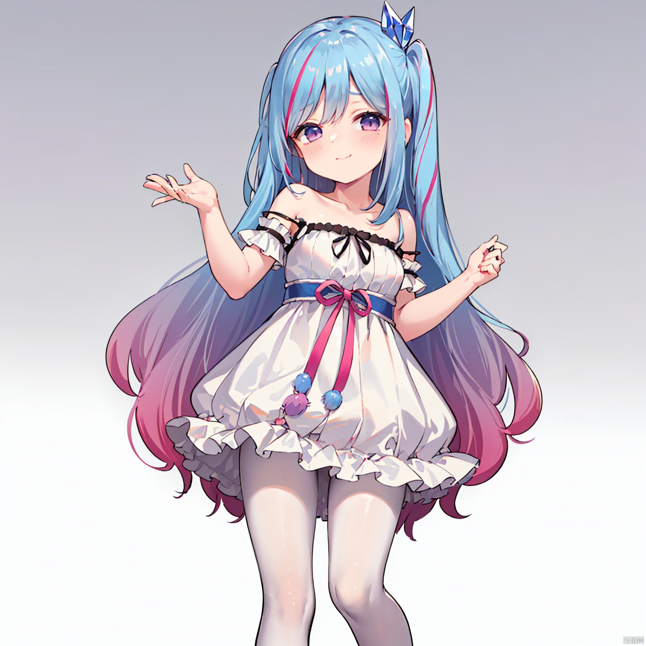  masterpiece, bestquality, Witchcrafter Madame Verre, 1girl, solo, long hair, looking at viewer, blush, smile, bangs, hair ornament, dress, bare shoulders, very long hair, closed mouth, blue hair, standing, purple eyes, collarbone, pink hair, pantyhose, red hair, multicolored hair, boots, sleeveless, hand up, off shoulder, white dress, two-tone hair, streaked hair, gradient, parted bangs, fur trim, gradient background, sleeveless dress, feet out of frame, one side up, frilled dress, strap slip, white pantyhose, off-shoulder dress, smug, fur-trimmed boots,