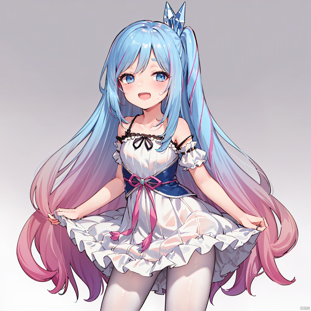  masterpiece, bestquality, Witchcrafter Madame Verre, 1girl, solo, long hair, looking at viewer, blush, smile, open mouth, blue eyes, dress, bare shoulders, very long hair, blue hair, pink hair, pantyhose, multicolored hair, gradient hair, white pantyhose,