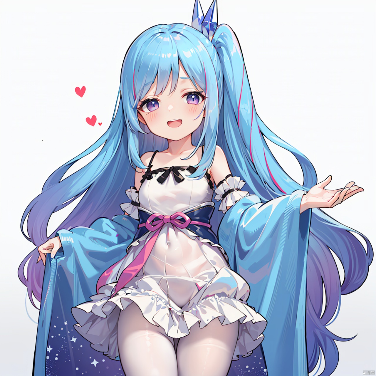  masterpiece, bestquality, Witchcrafter Madame Verre, 1girl, solo, long hair, looking at viewer, blush, smile, dress, blue hair, purple eyes, pantyhose, multicolored hair, detached sleeves, white pantyhose,
