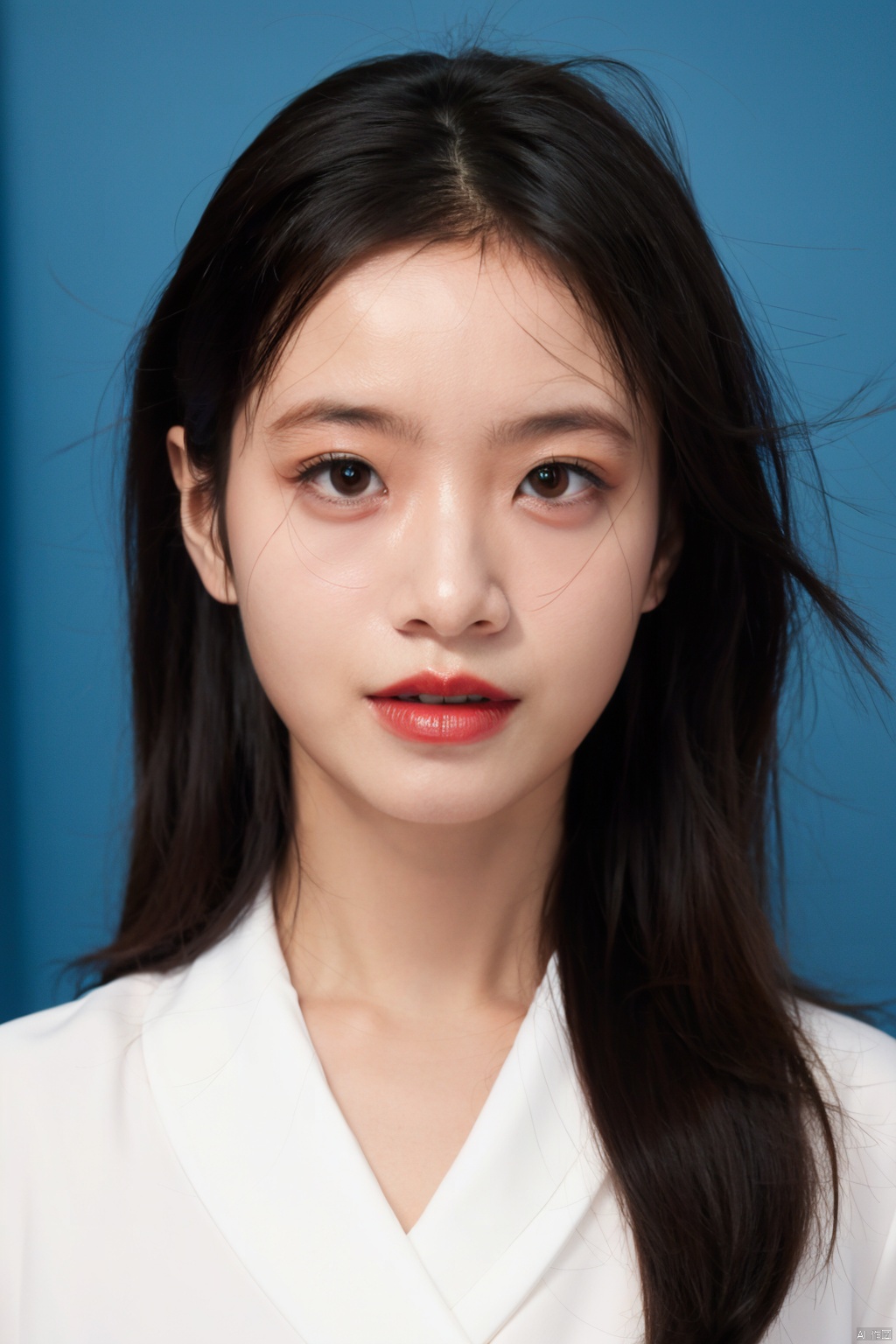 1girl, solo, black hair, long hair, blue background, realistic, looking at viewer, shirt, simple background, white shirt, lips, signature, black eyes, portrait, brown eyes, closed mouth, upper body, nose,
( chiaroscuro,Fujicolor, UHD, super detail ,raw,85mm,f/1.2,FujifilmXT4,),