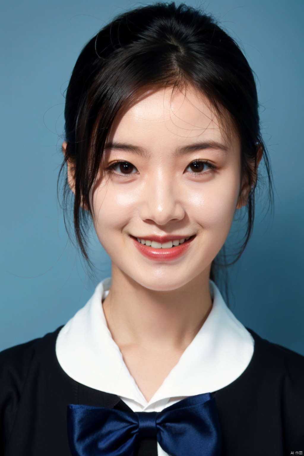 solo, blue background, 1girl, realistic, black hair, looking at viewer, simple background, sailor collar, school uniform, shirt, white shirt, black eyes, bow, smile, serafuku, blue sailor collar, upper body, closed mouth, signature, short hair, portrait,
( chiaroscuro,Fujicolor, UHD, super detail ,raw,85mm,f/1.2,FujifilmXT4,),