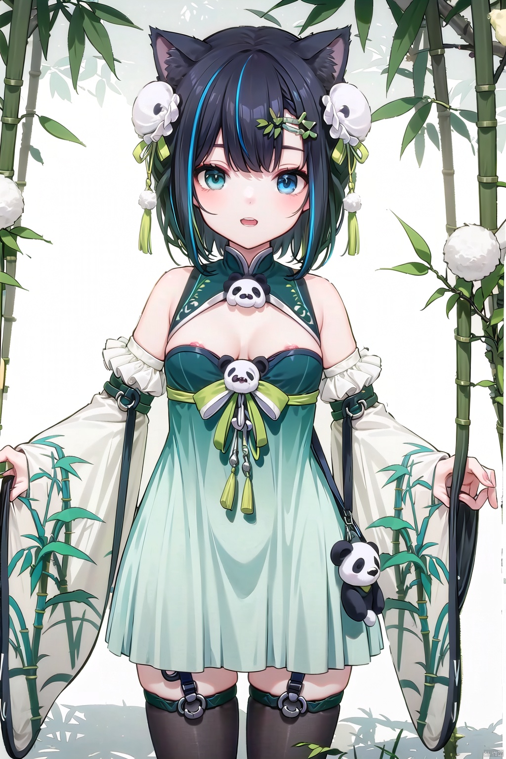  1girl, solo, short hair, bangs, blue eyes, black hair, hair ornament, thighhighs, dress, bare shoulders, standing, multicolored hair, detached sleeves, hair bun, streaked hair, double bun, heterochromia, chinese clothes, pom pom \(clothes\), green dress, bun cover, blue streaked hair, bamboo, bamboo print, panda, banboo hair ornament, panda bag, cleavage cutout, panda shoulder bag, ((cat ears)), panda thigh bands, ((nsfw)), ((bare chest))
