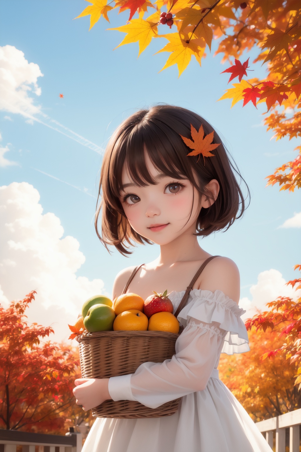 1girl,  hugging basket,  fruit in basket on Tensor.Art