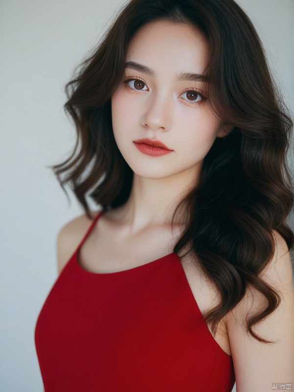 [woman with white skin: 1.2, long curly hair: 1.2, elegant red dress, flat nose, bright brown eyes], portrait, VSCO filter: C8)