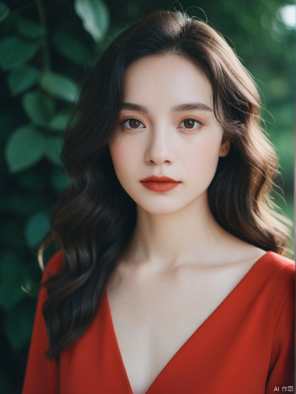 [woman with white skin: 1.2,  long curly hair: 1.2,  elegant red dress on Tensor.Art