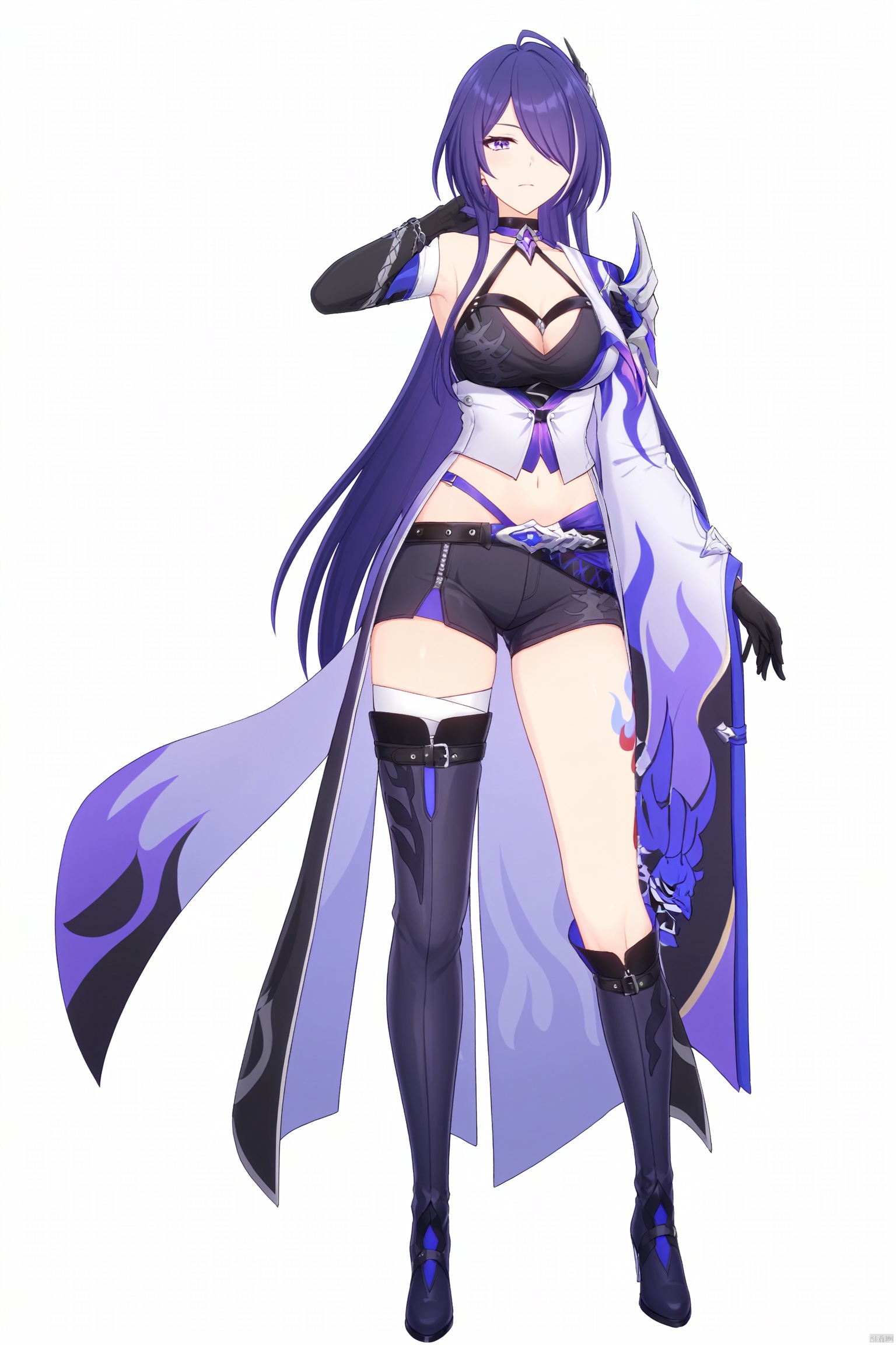 score_9,score_8_up,score_7_up,best quality,masterpiece,source_anime,8k,best quality,masterpiece,(ultra-detailed),(high detailed skin),(full body),white background,standing,looking at viewer,(solo),hand on hip,huangquan, def clothe, 1girl, long hair, purple eyes, purple hair, hair over one eye, thighhighs, breasts, boots, black gloves, blacks horts, cleavage, ( left single sleeve), long sleeve,(white background, simple background),,full_shot<lora:EMS-333555-EMS:0.800000>
