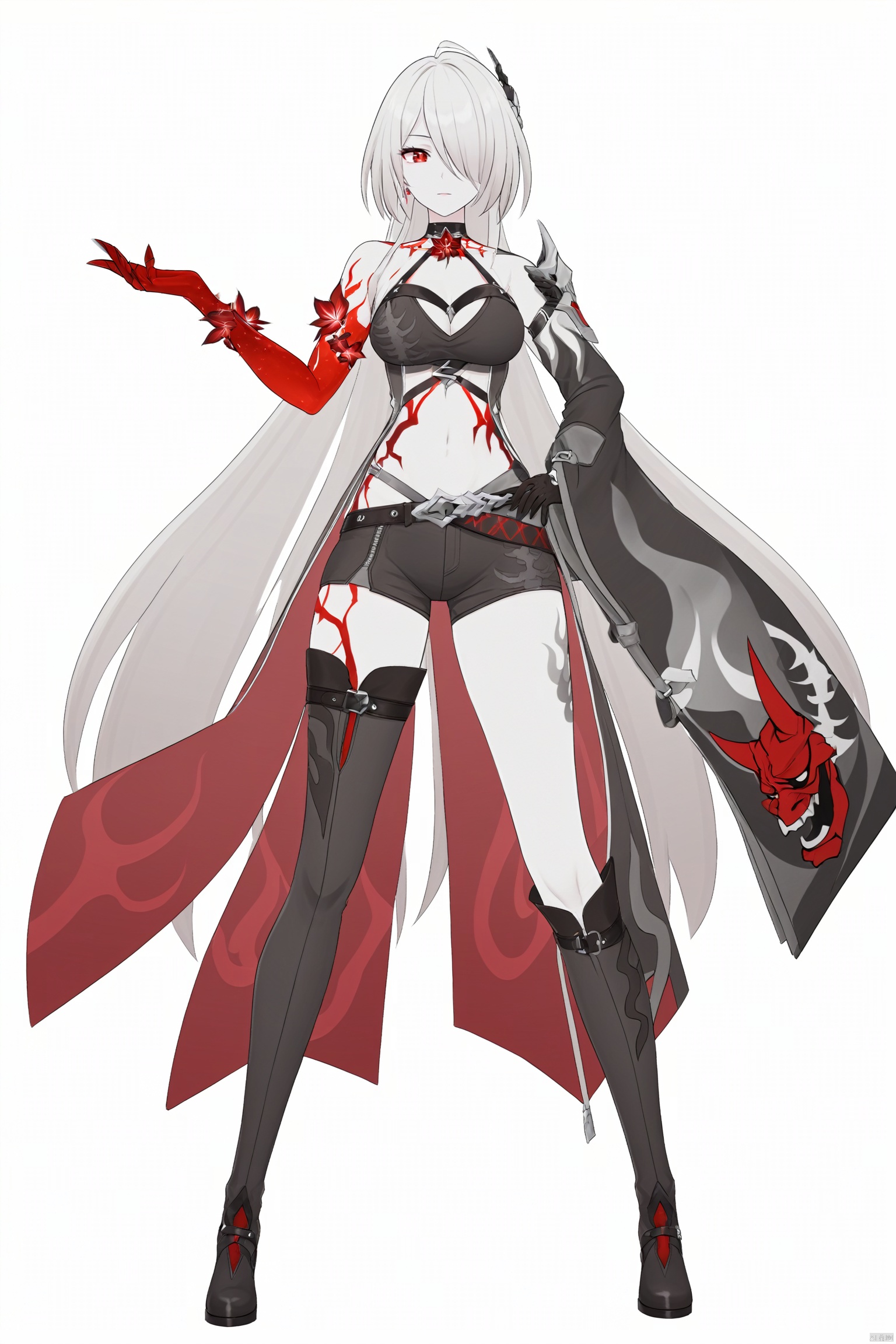 score_9,score_8_up,score_7_up,best quality,masterpiece,source_anime,8k,best quality,masterpiece,(ultra-detailed),(high detailed skin),(full body),white background,standing,looking at viewer,(solo),hand on hip,whuangquan, white hair, asymmetrical clothes, 1girl, breasts, long hair, red eyes, hair over one eye,navel,bangs,cleavage,bloody hand,single glove,(left single sleeve),long_sleeve,(white background, simple background),,full_shot<lora:EMS-333555-EMS:0.800000>