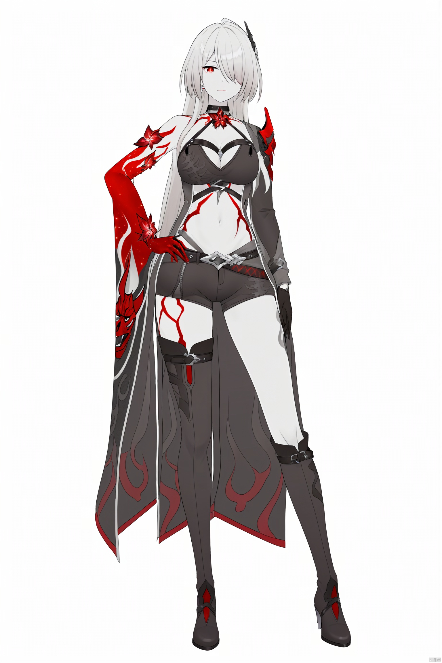 score_9,score_8_up,score_7_up,best quality,masterpiece,source_anime,8k,best quality,masterpiece,(ultra-detailed),(high detailed skin),(full body),white background,standing,looking at viewer,(solo),hand on hip,whuangquan, white hair, asymmetrical clothes, 1girl, breasts, long hair, red eyes, hair over one eye,navel,bangs,cleavage,bloody hand,single glove,(left single sleeve),long_sleeve,(white background, simple background),,full_shot<lora:EMS-333555-EMS:0.800000>