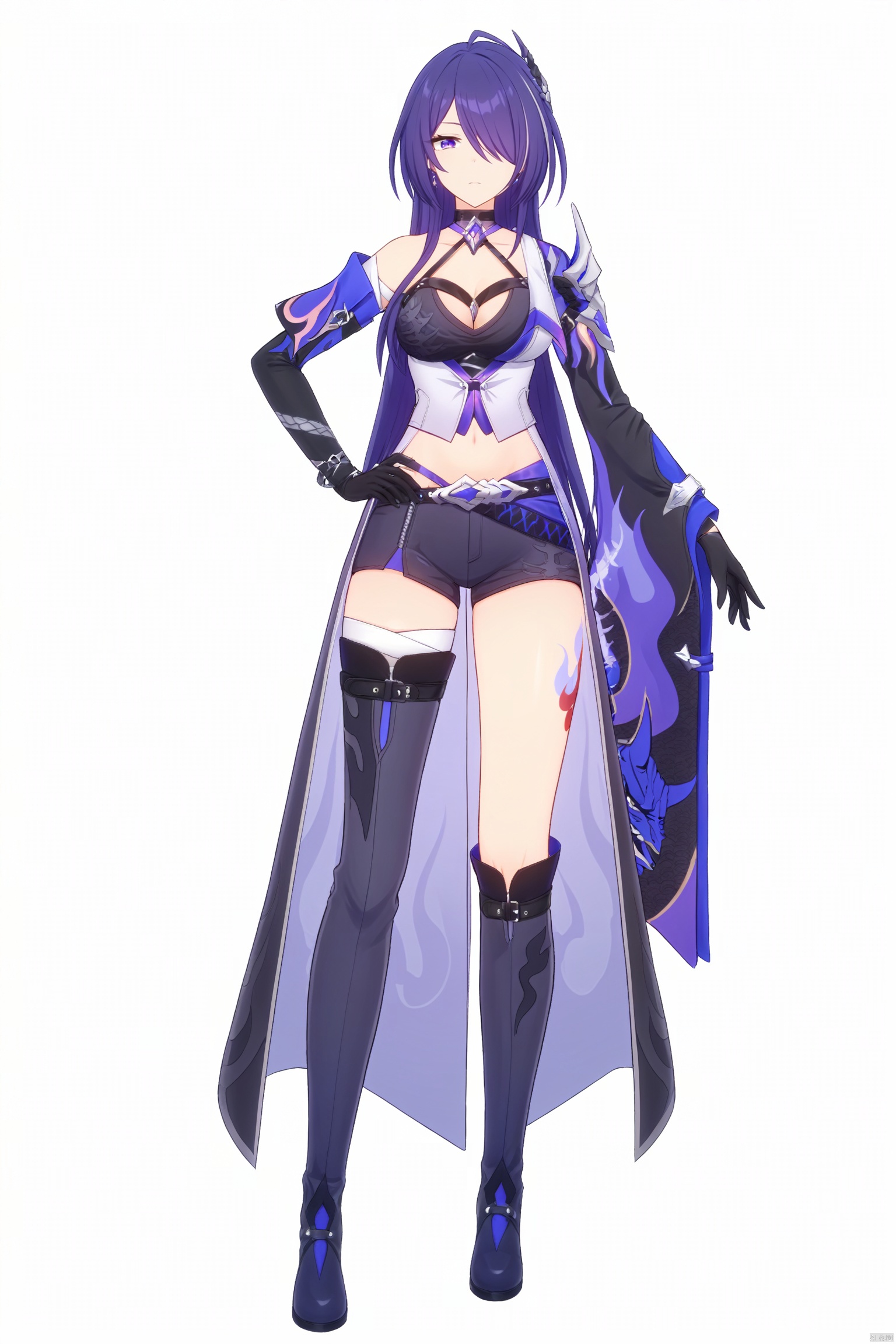 score_9,score_8_up,score_7_up,best quality,masterpiece,source_anime,8k,best quality,masterpiece,(ultra-detailed),(high detailed skin),(full body),white background,standing,looking at viewer,(solo),hand on hip,huangquan, def clothe, 1girl, long hair, purple eyes, purple hair, hair over one eye, thighhighs, breasts, boots, black gloves, blacks horts, cleavage, ( left single sleeve), long sleeve,(white background, simple background),,full_shot<lora:EMS-333555-EMS:0.800000>