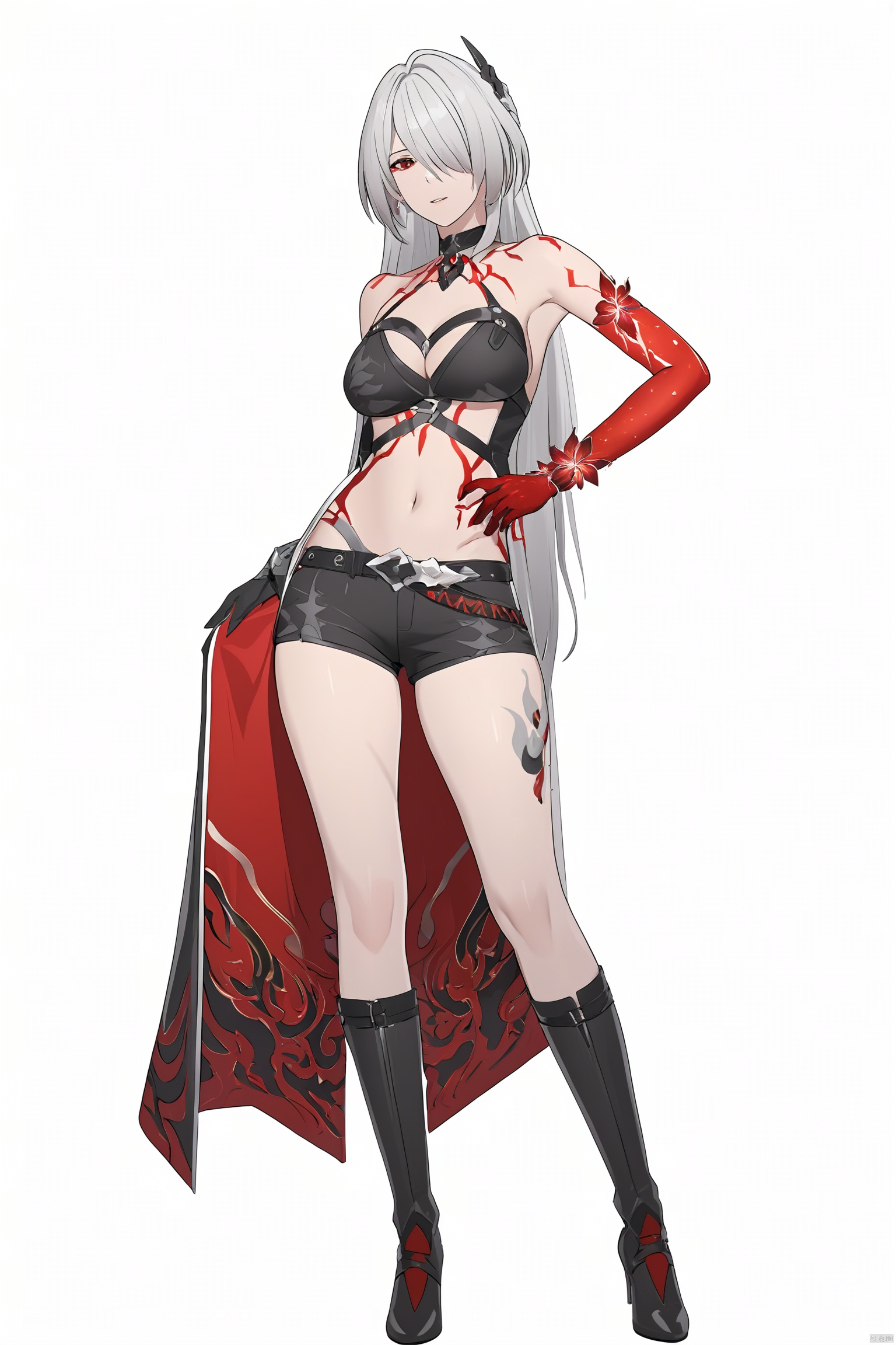 score_9,score_8_up,score_7_up,best quality,masterpiece,source_anime,8k,best quality,masterpiece,(ultra-detailed),(high detailed skin),(full body),white background,standing,looking at viewer,(solo),hand on hip,whuangquan, white hair, asymmetrical clothes, 1girl, breasts, long hair, red eyes, hair over one eye,navel,bangs,cleavage,bloody hand,single glove,single sleeve,(white background, simple background),,full_shot<lora:EMS-333557-EMS:0.800000>