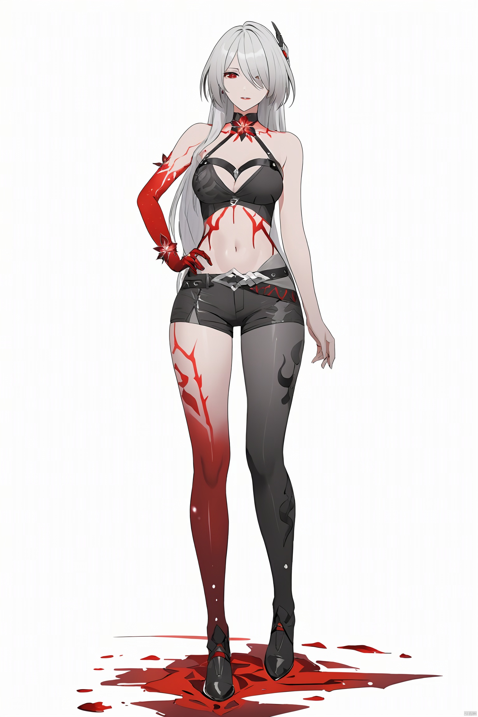 score_9,score_8_up,score_7_up,best quality,masterpiece,source_anime,8k,best quality,masterpiece,(ultra-detailed),(high detailed skin),(full body),white background,standing,looking at viewer,(solo),hand on hip,whuangquan, white hair, asymmetrical clothes, 1girl, breasts, long hair, red eyes, hair over one eye,navel,bangs,cleavage,bloody hand,single glove,single sleeve,grey pic,(white background, simple background),,full_shot<lora:EMS-333557-EMS:0.800000>