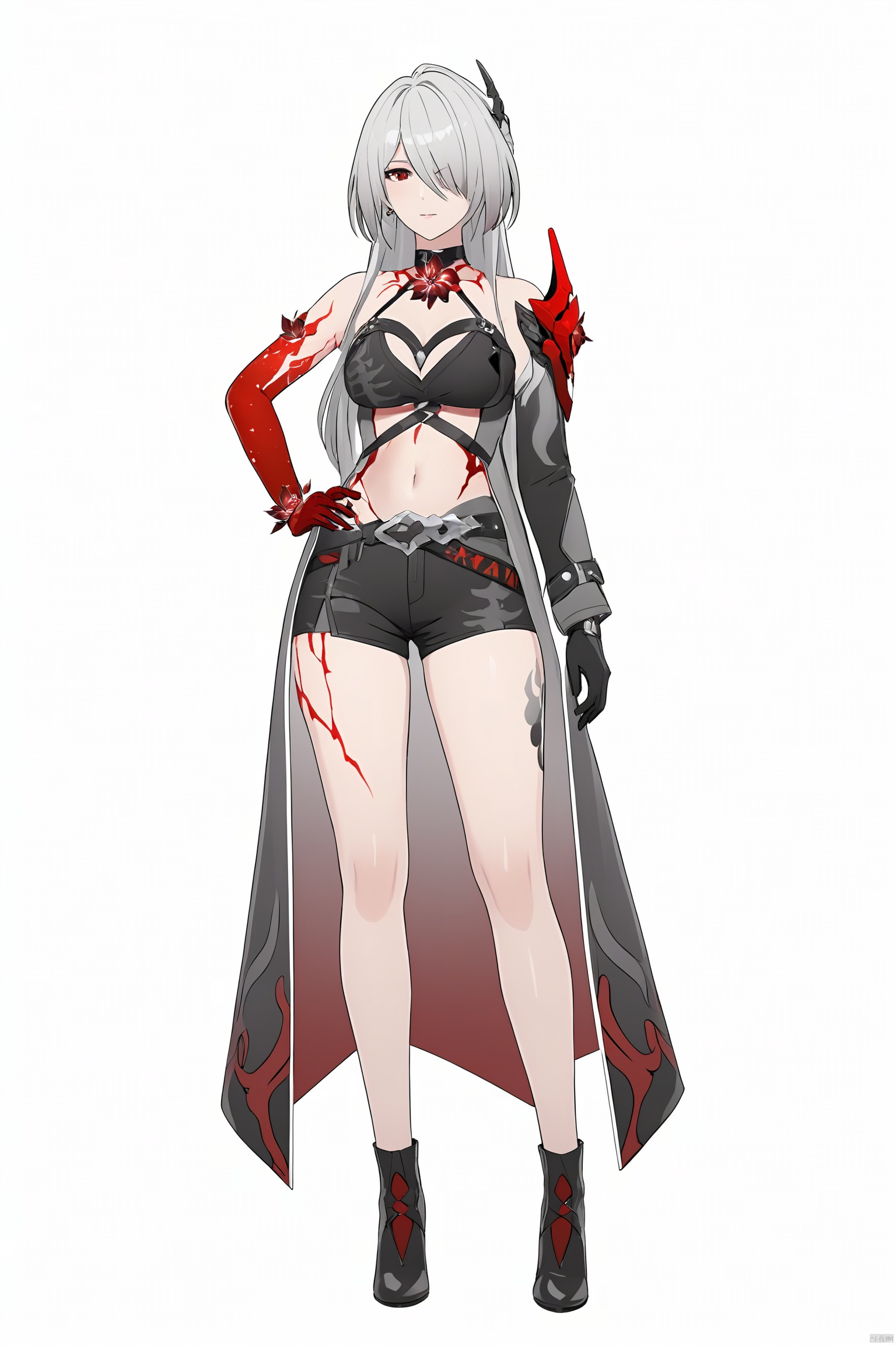 score_9,score_8_up,score_7_up,best quality,masterpiece,source_anime,8k,best quality,masterpiece,(ultra-detailed),(high detailed skin),(full body),white background,standing,looking at viewer,(solo),hand on hip,whuangquan, white hair, asymmetrical clothes, 1girl, breasts, long hair, red eyes, hair over one eye,navel,bangs,cleavage,bloody hand,single glove,(left single sleeve),grey pic,(white background, simple background),,full_shot<lora:EMS-333557-EMS:0.800000>